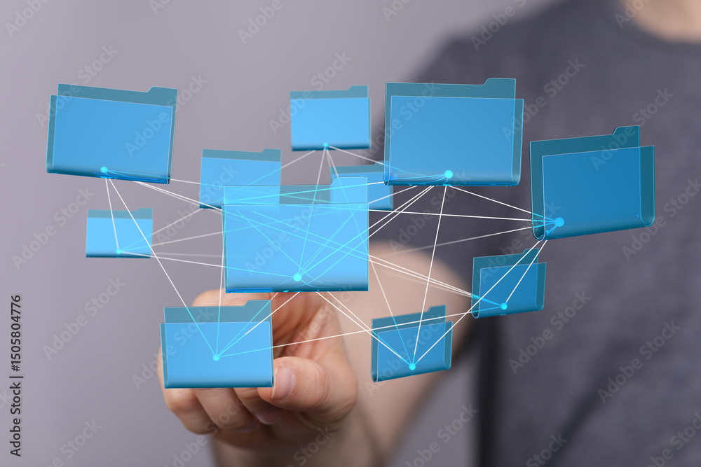 Poster Visual representation of interconnected digital files, highlighting secure data sharing and teamwork.
