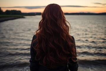 Contemplating redhead woman enjoys serene sunset by the sea with flowing hair and peaceful vibes