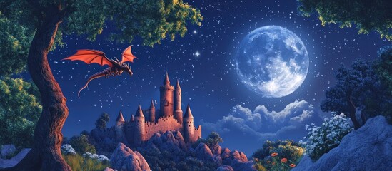 Dragon flying over a castle at night under a full moon.
