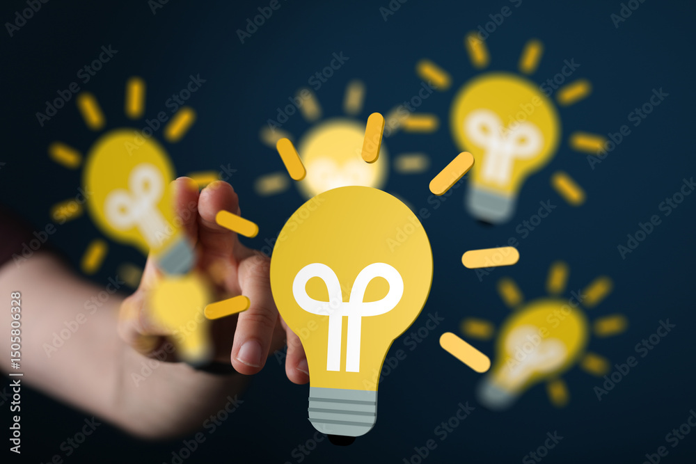 Aufkleber image of a hand interacting with multiple glowing lightbulbs, symbolizing innovation and creativity.