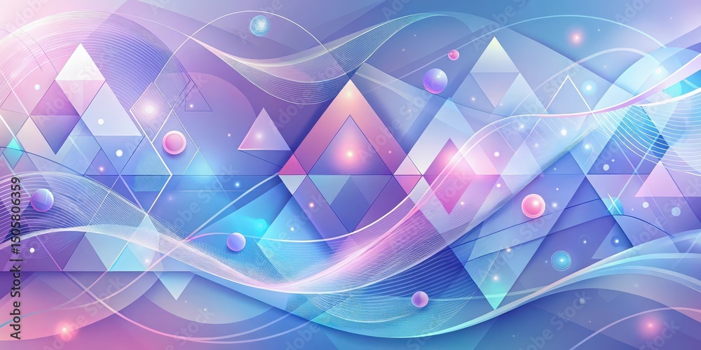 Poster Abstract geometric composition featuring overlapping triangles and flowing lines on a soft blue and pink background.