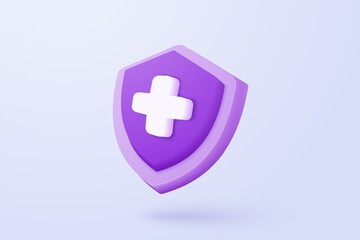 3d purple plus sign icon on the white background. Cartoon icon of first aid and health care with minimal style. Medical symbol of emergency help. 3d aid vector render illustration