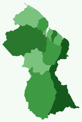Map of Guyana with regions. A simple country border map with region division. Green color palette. Blank Co-operative Republic of Guyana shape with administrative division. Vector illustration.