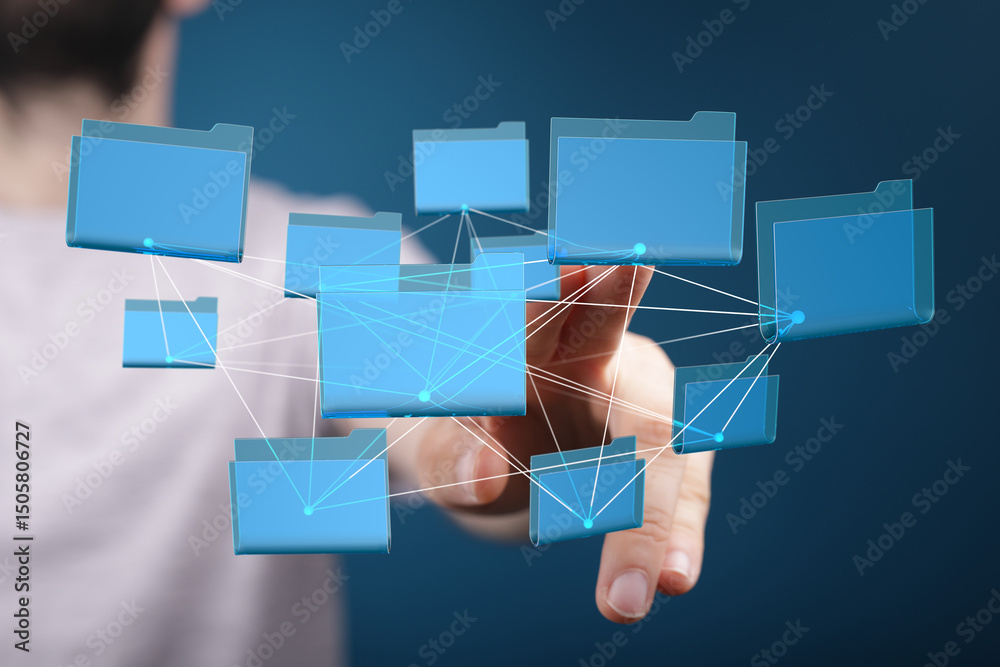 Poster hand interacting with a network of digital files. cloud storage, data management, network concept.