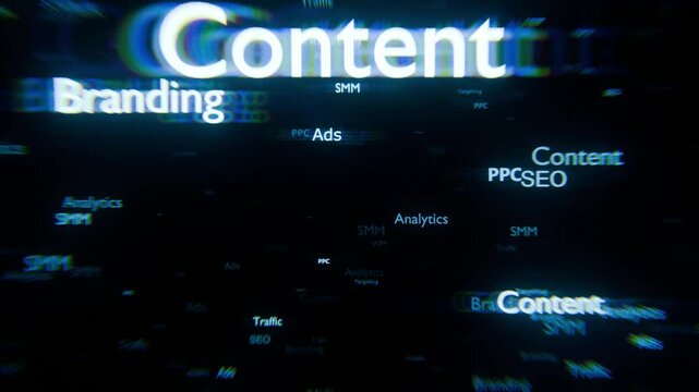 Seamless looping 3D animation featuring floating digital marketing buzzwords like SEO, Content, Ads, and Social Media. Dynamic camera flythrough creates an abstract modern background. Ideal for busine
