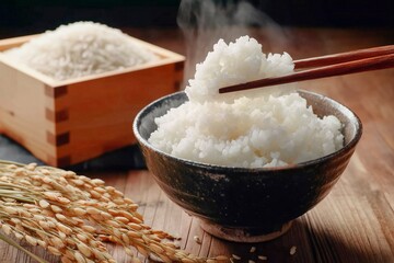 稲穂とご飯茶碗に盛られた湯気の立ち上る白米を箸で持ち上げるシーン。日本の和食イメージ