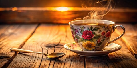 A steaming cup of tea with a floral design on a wooden surface bathed in the warm glow of the setting sun.