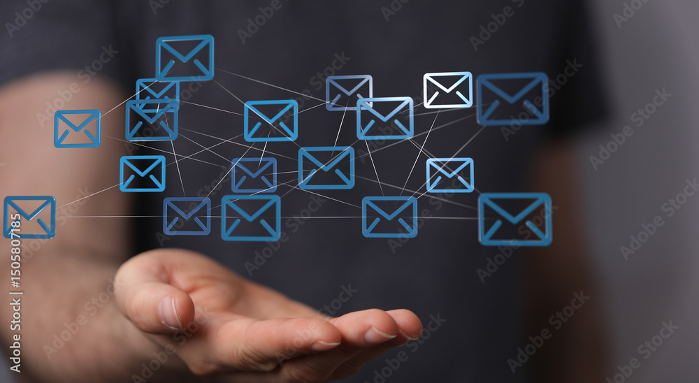 Poster Image of interconnected email icons above a hand, representing global communication and networking.