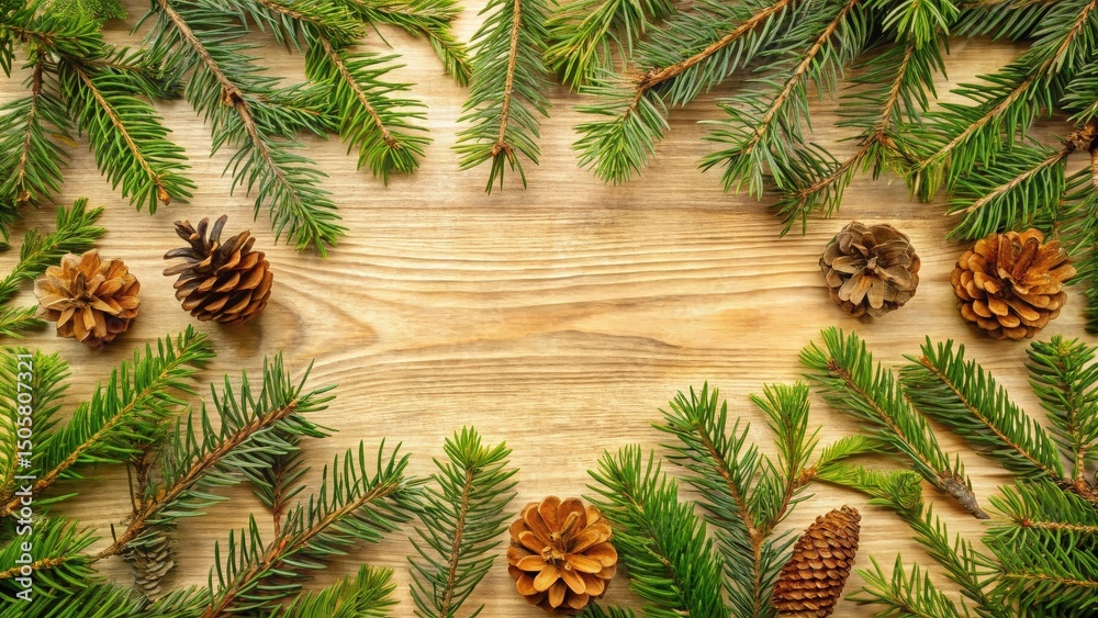Aufkleber a rustic wooden background adorned with lush green pine branches and pinecones, creating a festive a