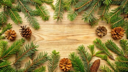 A rustic wooden background adorned with lush green pine branches and pinecones, creating a festive and natural backdrop.