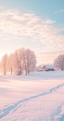 Obraz premium Walking Through Snowy Winter Landscape with Cabin and Trees