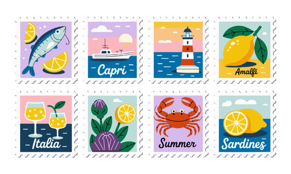 Modern vectors of postage stamp illustrations inspired by Italian coastal themes, summer stamp from Italy, are easily editable and scalable.