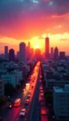 Fototapeta premium A blurred city skyline at sunset, symbolizing the uncertainty and potential of the future, with a warm, hopeful glow The image evokes a sense of progress and anticipation , progress, buildings