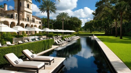 Luxurious resort pool with chaise lounges, umbrellas, and manicured landscaping.