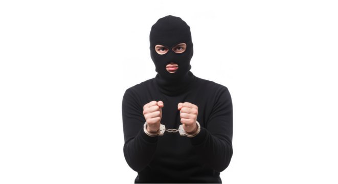 Portrait Of A Person In Black Balaclava And Handcuffs On Transparent Isolated Background