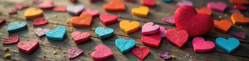 Obraz premium A diverse array of vibrant colored hearts scattered on a wooden surface, symbolizing a spectrum of emotions and feelings throughout life's journey , background, wood, red