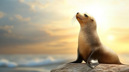 Sea lion perched on rock at sunset, ocean background.