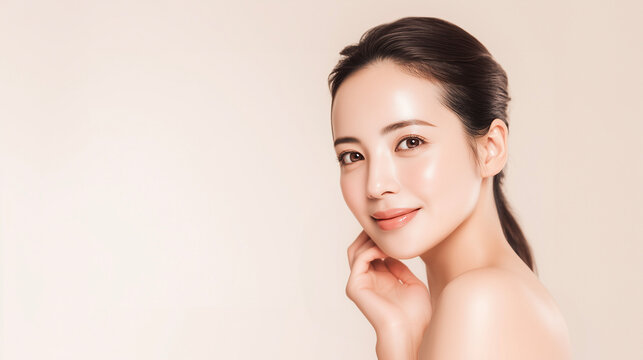 肌のうるおいが伝わる明るい笑顔の女性。温かみのある色調が安心感を演出（美容・スキンケア・コスメ・エステ）
