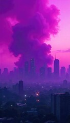 A close-up shot of a purple haze obscuring a cityscape, symbolizing uncertainty and potential danger lurking beneath a seemingly calm exterior , tone, haze, texture