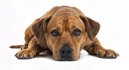 Sad Dog Lying Down on White Background – Close-Up of Emotional Expression