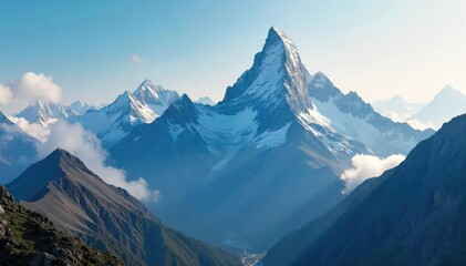 Obraz premium A majestic mountain peak shrouded in mist, challenging climbers with its steep slopes and rugged terrain The summit remains elusive, beckoning adventurers to conquer its heights , steep, adventure