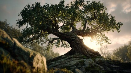 Obraz premium Majestic Ancient Tree on Rocky Mountainside at Sunrise