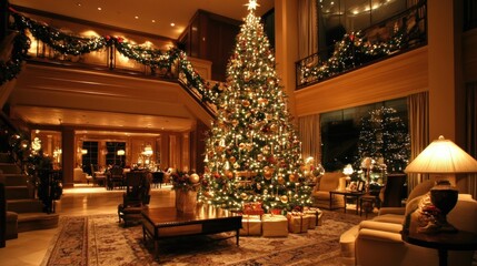 Grand Christmas tree in luxurious home interior.