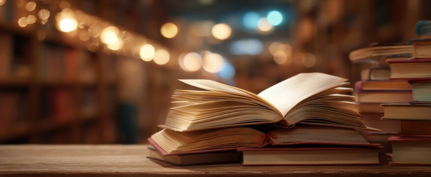 The open book resting on a wooden table in a cozy library setting - Powered by Adobe