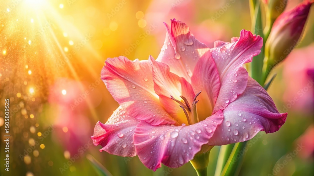 Poster a single pink flower with dew drops, bathed in warm sunlight, creating a vibrant and enchanting scen