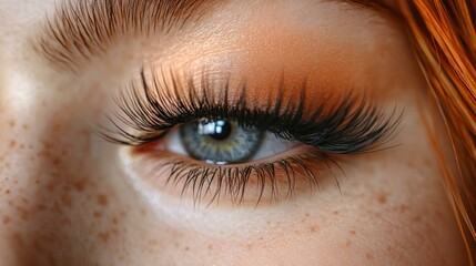 Close-up of a woman's eye with false lashes and peach eyeshadow