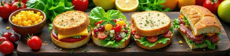 A vibrant spread of healthy and delicious lunch options, featuring fresh salads, sandwiches, and fruit, perfect for a nutritious midday meal , fruit, takeout, diet