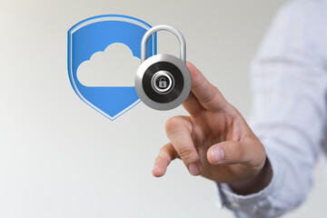 Image of a padlock and shield representing secure cloud data and online protection.