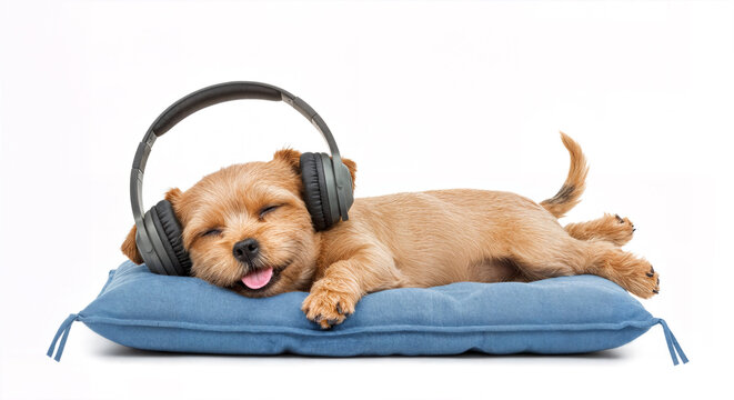 Adorable Dog Lying on Pillow Wearing Headphones