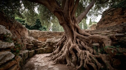 Obraz premium Ancient Ruins and Majestic Tree Roots