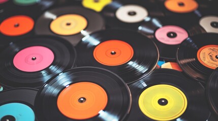 Colorful vinyl records stacked together.