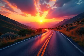 Fototapeta premium A winding road disappearing into a vibrant sunset, symbolizing the exciting possibilities and unknown adventures that lie ahead on life's journey , uncharted, scenic route, optimistic