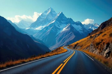 A winding road disappearing into a majestic mountain range, symbolizing the exciting possibilities and unknown adventures that lie ahead on life's journey , challenge, range, wilderness