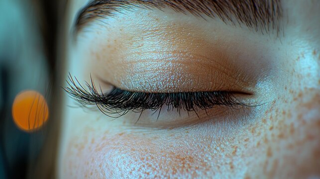 Close-up of a woman's eye with false lashes and freckles