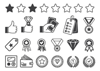 Black & White Rewards and Loyalty Icon Set – Recognition & Membership Symbols in Grid Layout
