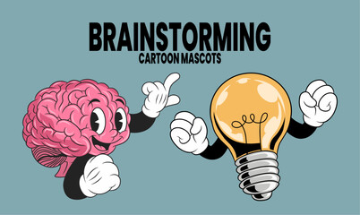 cartoon brain mascot and lightbulb.