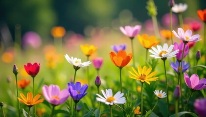 Fototapeta premium Close-up of vibrant, diverse wildflowers blooming in a lush meadow, illustrating the beauty and complexity of organic evolution in nature , thriving, evolution, vibrant