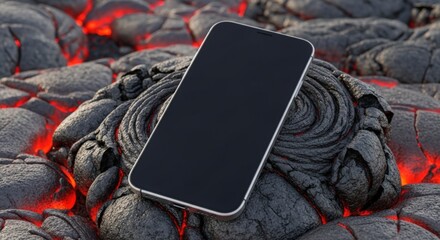 Smartphone on lava rock with glowing red molten cracks.
