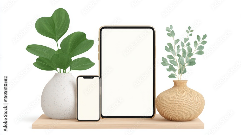 Poster 3d responsive web design - smartphone, tablet and desktop screens showing matching minimalist websit