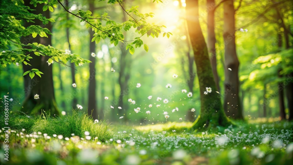 Aufkleber Sunlight filters through a lush forest canopy, illuminating a carpet of wildflowers and creating a magical atmosphere