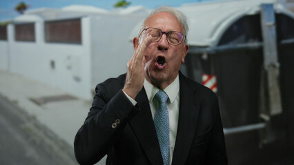 Elderly man in business suit laughing joyfully on an outdoor street setting, exuding confidence and...