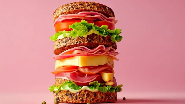 Delicious multilayer sandwich appearing against pink backdrop in stop motion sequence
