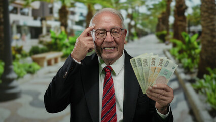 Senior man outdoors holding czech koruna banknotes, wearing glasses and suit, touches head with...