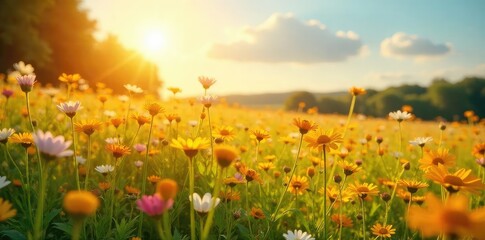 Fototapeta premium Golden sunlight bathes a vibrant, expansive field of wildflowers swaying gently in a warm summer breeze Perfect for themes of nature, serenity, and carefree joy , summer, bright, scenery