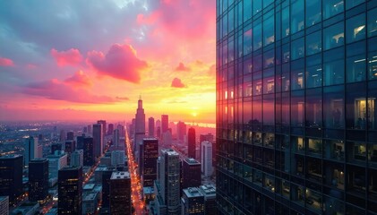 Obraz premium Sleek modern city office building reflecting the urban skyline at sunset Glass facade, vibrant cityscape backdrop, architectural details, business district , highrise, concrete, commercial