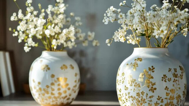 Golden floral vases capturing sunlit elegance and natural beauty in motion